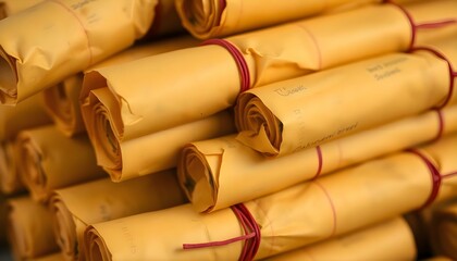 Fototapeta premium a stack of rolled up yellow paper sitting on top of each other