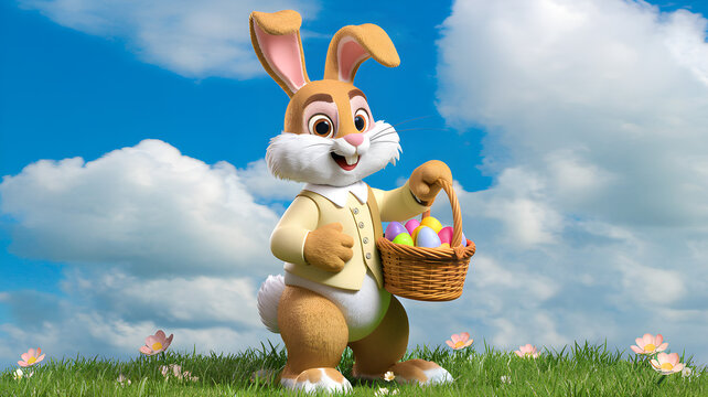 Charming Easter Bunny in a Sunny Field Holding a Basket of Colorful Eggs