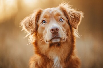 Obraz premium Golden Retriever in Warm Golden Light – A stunning close-up of a Golden Retriever bathed in soft, golden light. Ideal for nature, pet care, and emotional connection themes.
