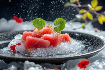 Fresh, raw tuna sashimi pieces are artfully arranged on a bed of crushed ice, adorned with delicate leaves and flowers, as water splashes playfully around them