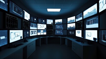 High-Tech Control Room with Multiple Screens