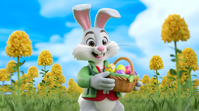 Adorable Easter Bunny with a basket of colorful eggs in a vibrant flower field &ndash; 3D illustration