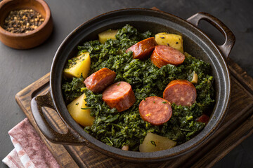 Kale cabbage with Pinkel sausage is a stewed green cabbage (kale) with the addition of smoked sausage called Pinkel. A thick, dark green mass thanks to the cabbage, which is cooked until soft and take