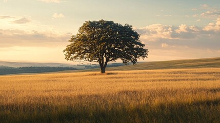 Fototapeta premium Solitary Tree in Golden Field Under Blue Sky at Sunset Hours