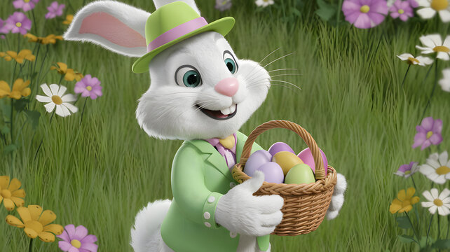 Elegant Easter Bunny in green suit holding a basket of colorful eggs &ndash; 3D illustration