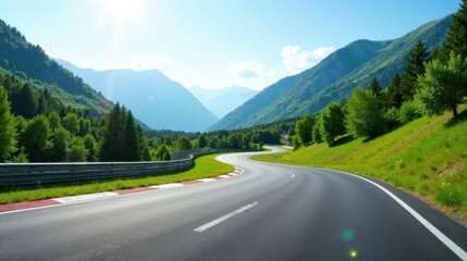 Fototapeta premium Asphalt ribbon curving through a verdant valley, sunlit mountains forming a breathtaking backdrop