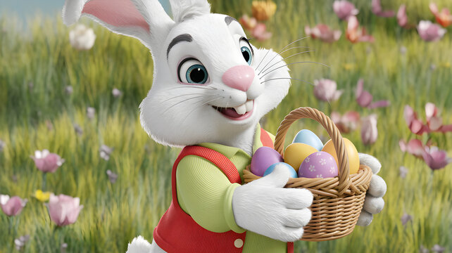 Cute Easter Bunny holding a basket of colorful eggs &ndash; 3D illustration