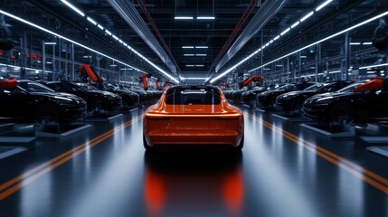 Futuristic red car in automated factory with robotic assembly line and electric vehicles