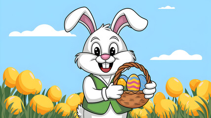 Smiling Easter Bunny holding a basket of eggs in a spring field – Cartoon illustration