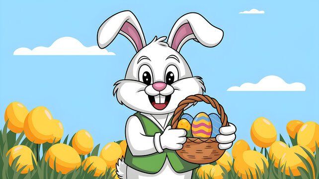 Smiling Easter Bunny holding a basket of eggs in a spring field &ndash; Cartoon illustration