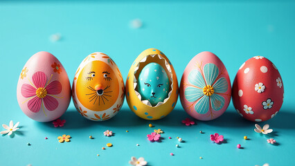 decorative eggs showcase vibrant colors textures bright blue surface spring celebrations unique artistic