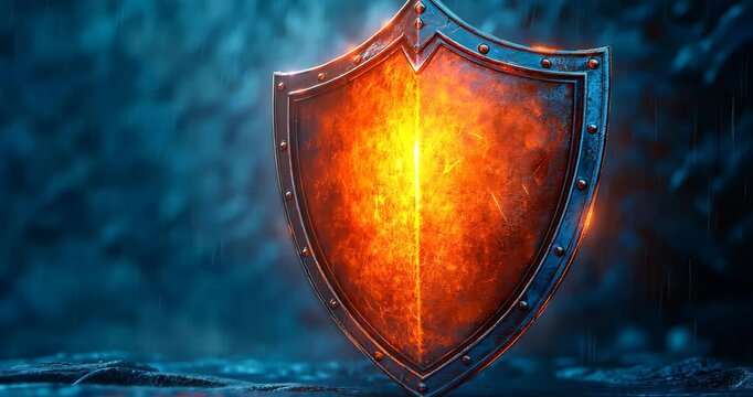 A metallic shield with a fiery center stands on a wet ground in a dark forest, rain falling around it.