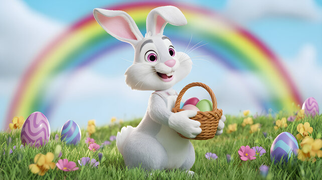 Happy Easter Bunny holding a basket of eggs in a colorful meadow with a rainbow &ndash; 3D illustration