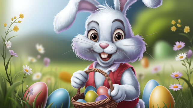 Adorable Easter Bunny holding a basket of colorful eggs in a spring meadow &ndash; Fantasy holiday illustration