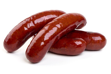 Grilled german bratwurst sausages, isolated on white background.