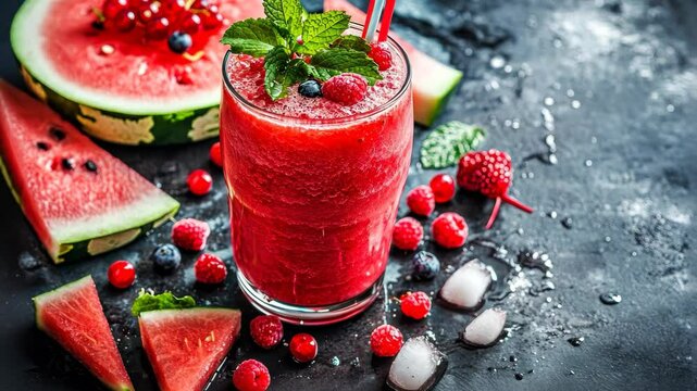 Refreshing watermelon smoothie with mint and berries served on a rustic black table, Fresh watermelon smoothie with mint garnish, surrounded by slices and red berries