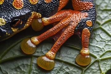Extreme close up of a vibrant poison dart frog perched on a lush green leaf, showcasing its intricate webbed foot and textured skin