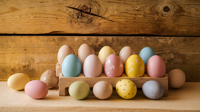 Rustic wooden egg holder with pastel-colored Easter eggs against vintage wooden backdrop &ndash; Farmhouse holiday decor
