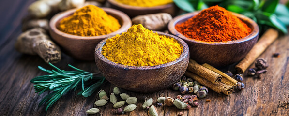 Vibrant spices in wooden bowls: turmeric, paprika, ginger, cinnamon, and herbs on a wooden surface, a feast for the senses and a culinary delight.