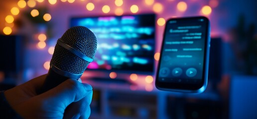 Home karaoke night singing along to lyrics on a phone screen