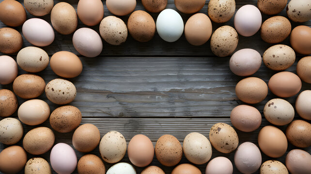 Rustic brown and speckled eggs arranged in circular frame on weathered wooden background &ndash; Farm fresh concept