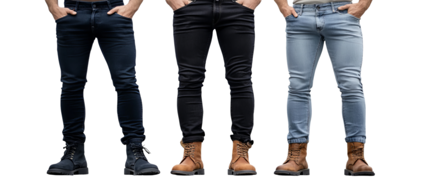 Png of Men’s Slim Fit Denim Jeans with Stylish Boots on transparent background.