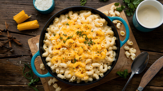 Classic creamy mac and cheese in cast iron skillet with melted cheddar &ndash; Homemade comfort food on rustic wooden table