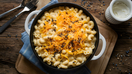 Homemade mac and cheese with melted cheddar and peppercorns in cast iron skillet – Comfort food on rustic wooden table