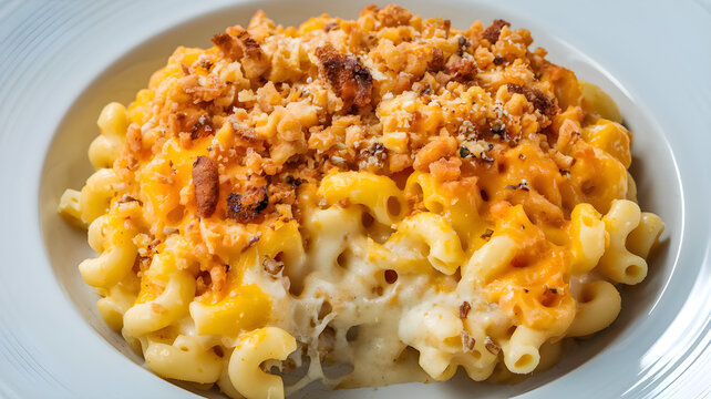 Cheesy baked mac and cheese with crispy breadcrumb topping on white plate &ndash; Comfort food close-up