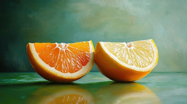 Two slices of orange and lemon placed opposite each other against a green background, ideal for food photography, healthy eating, and simple visual themes.