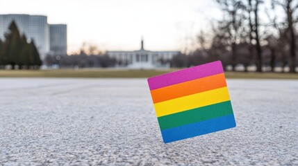 Rainbow sticker on city park pavement, blurred government building in background,  possible use for social issues, pride, and awareness