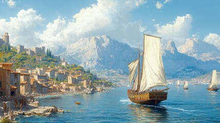 Coastal Town Ship Sailing Mediterranean Sea Landscape