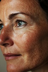 A close-up portrait of a middle-aged woman with noticeable dark spots and hyperpigmentation on her cheeks and forehead. 