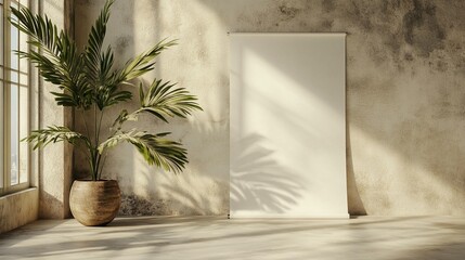 Sunlit room interior with blank canvas, potted plant, and textured wall.