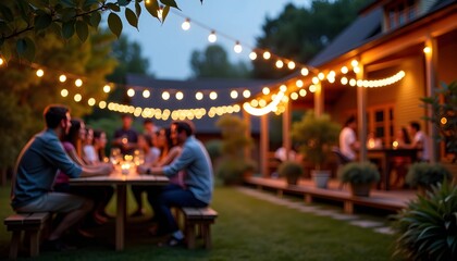 Cozy backyard dinner party with string lights at dusk
