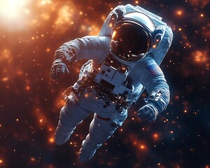 Fototapeta premium Astronaut in Space, Floating, Nebula Background