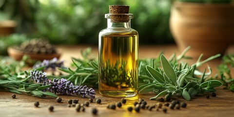 A bottle of essential oil surrounded by herbs like rosemary, thyme, and olive leaves on a wooden table with a blurred green background.