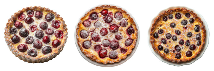 Collection of freshly baked cherry clafoutis dusted isolated on a transparent background