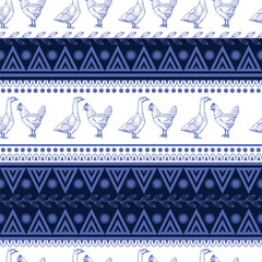 Seamless pattern with chicken, goose and geometrical ornament. Vector.
