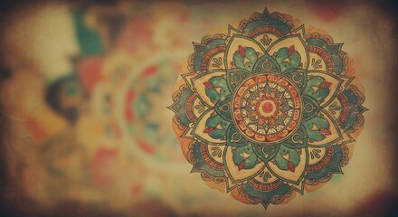 Fototapeta premium Intricate colorful floral mandala pattern with detailed geometric design, set against a blurred background of warm earthy tones, concept for spiritual healing, yoga studio branding and cultural art