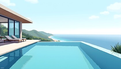 Fototapeta premium Infinity pool overlooking ocean and mountains