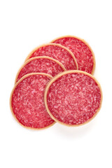 Sliced Dry Cured Salami Sausage with cheese, salami parmesano, isolated on white background.