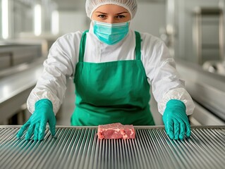 Food processing action worker preparing meat industrial kitchen high-quality image clean environment