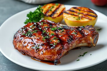 Summer BBQ Grilled pork chop served with charred peaches and garnished with parsley on a white plate.