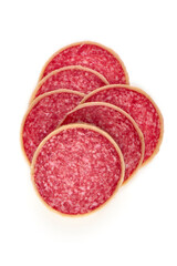 Sliced Dry Cured Salami Sausage with cheese, salami parmesano, isolated on white background.