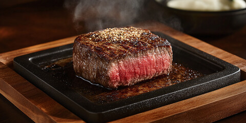 Juicy steak cooked to perfection, served on a hot plate.  Perfect for a special occasion or a satisfying meal, steaming and ready to eat.