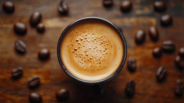 Top view of an black cup with coffee on a wooden table.Generated AI.