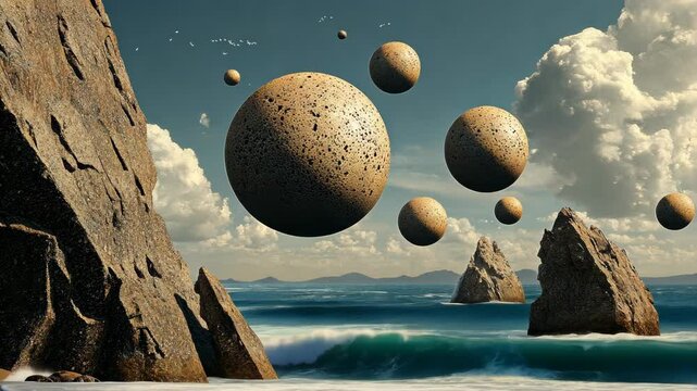 Floating spheres above rocky coast with ocean waves splashing at the shore under a cloudy sky