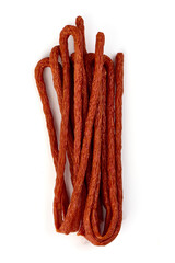 Kabanos thin dry sausage, snacks for beer, isolated on the white background.