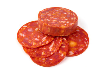 Chorizo Sausage Slices Isolated on White Background.